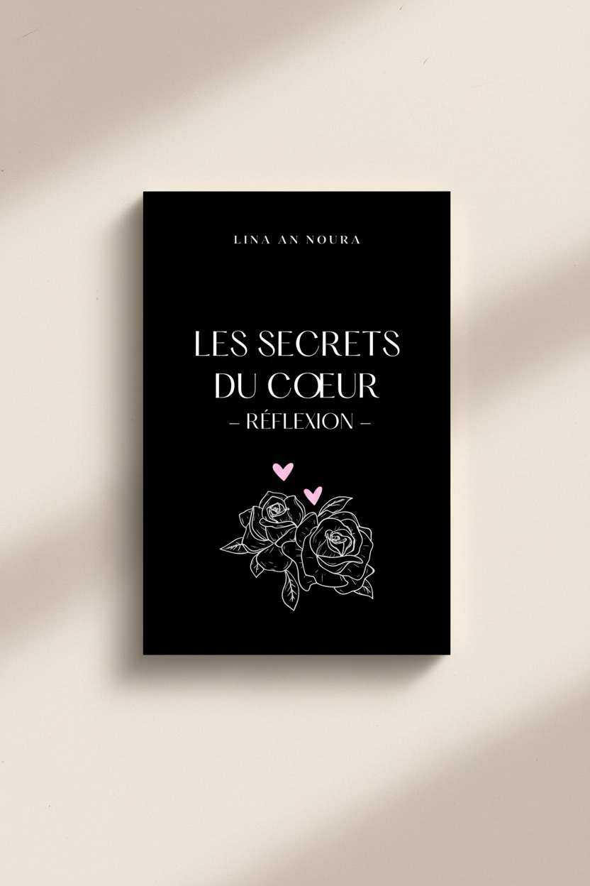 Livre Les Secrets du Cœur avec couverture noire élégante : un guide spirituel pour femme musulmane incluant pensées inspirantes, conseils de développement personnel, jeux introspectifs et espaces d'écriture.